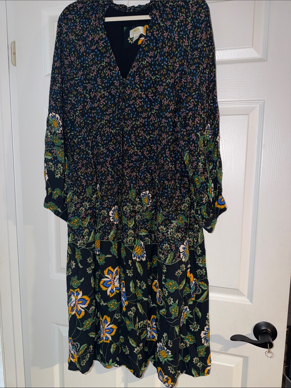 Maeve Black Floral Midi Dress with Green & Yellow Accents XL